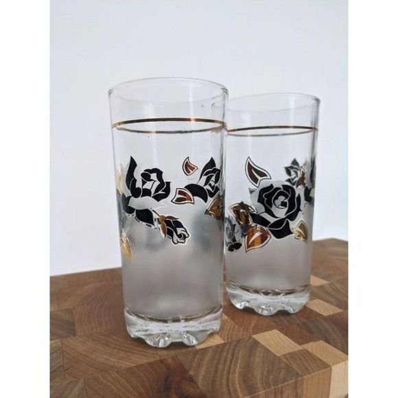 Vintage cocktail glass Black and Gold roses barware, Japanese Glassware set - Picture 3 of 7